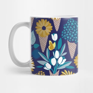 Midsummer I scream flower cones // pattern // navy blue background blue teal and yellow flowers bouquets Mug